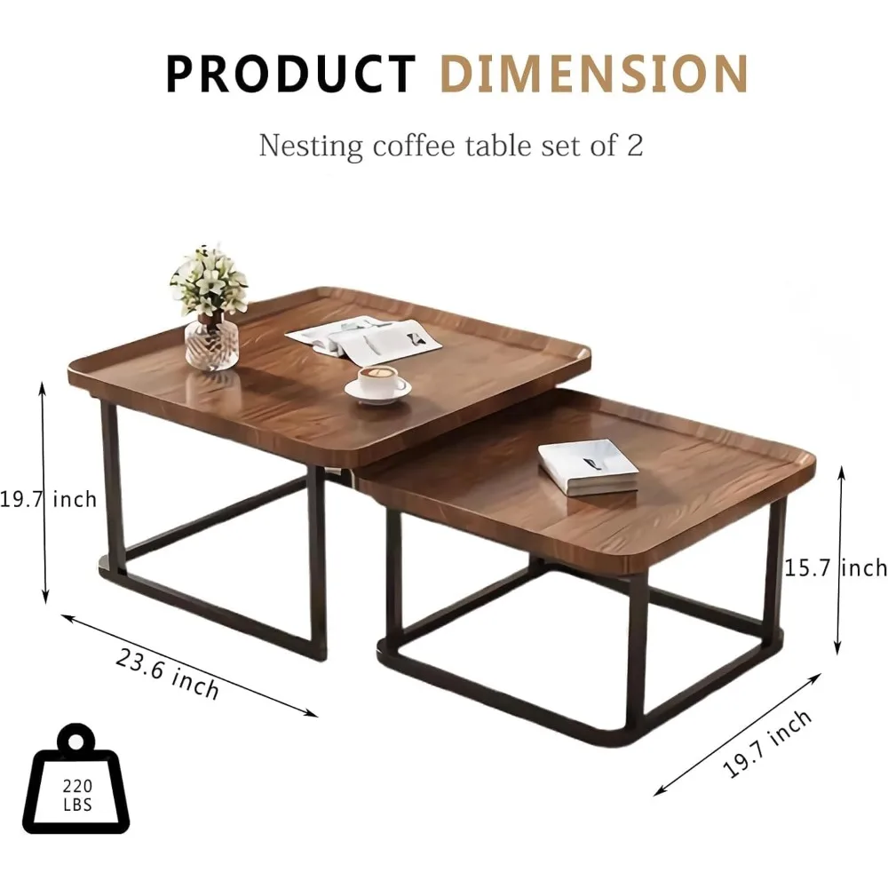 مجموعة طاولة القهوة المتداخلة مكونة من 2، 23.6+19.7 طاولات متداخلة، طاولة قهوة مربعة صغيرة مع مخدد، طاولة مركزية لغرفة المعيشة #2