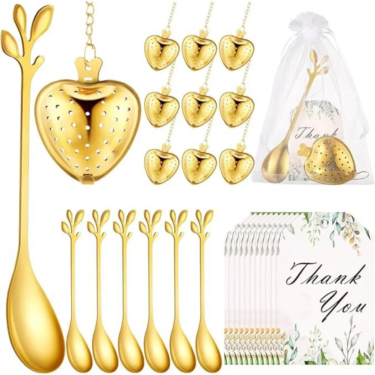 25Pcs Sets 304 Stainless Steel Bridal Shower Tea Party Favor for Guest Leaf Tea Spoon Heart Shape Infuser Ball for Wedding Souvenir Gift