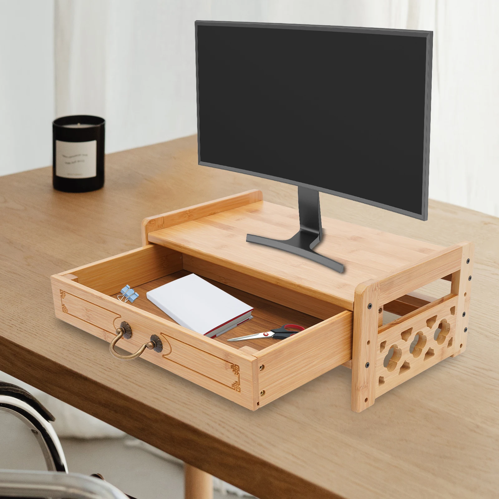 

(Wood Color) Natural Bamboo Table with Drawer, Computer Booster Stand, Desktop Organizer, for Study Room, Office, 42*25*16.5 cm