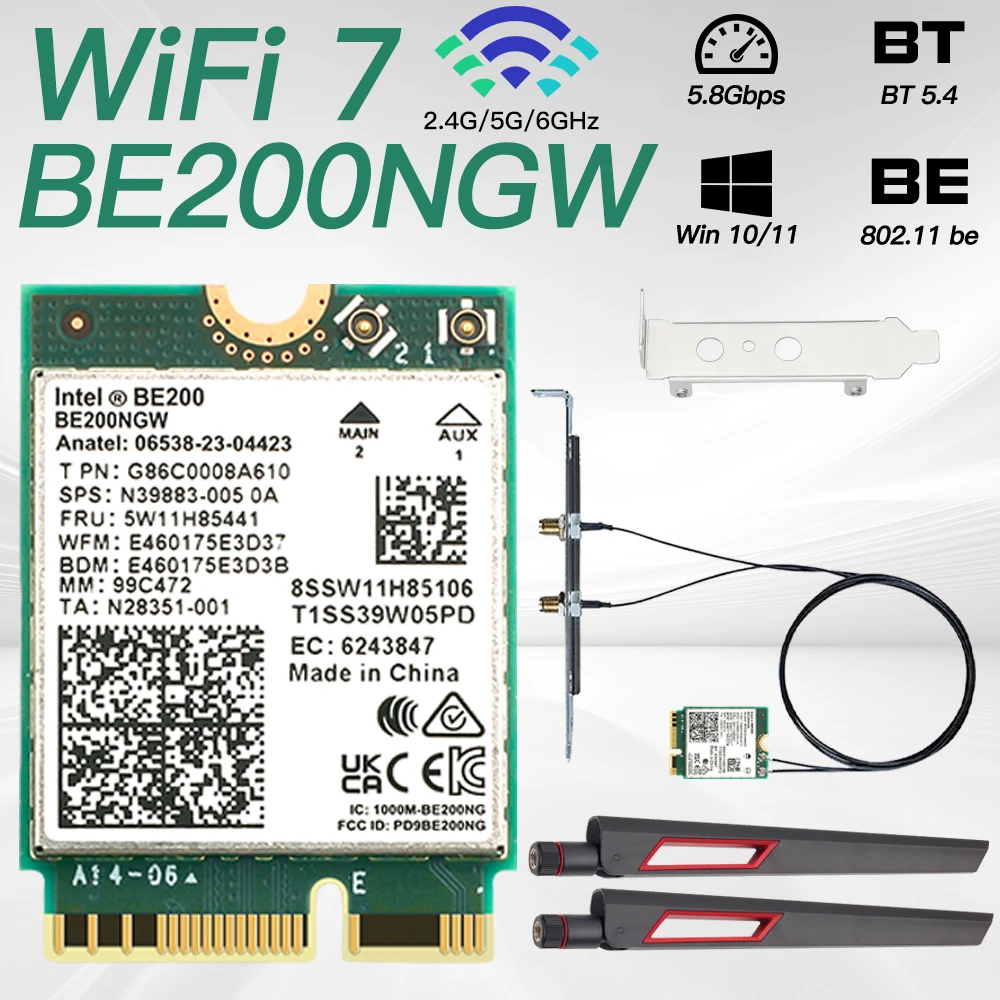 

New WiFi 7 Intel BE200 10DB Antenna Bluetooth 5.4 Wireless Wifi Card Tri Band 2.4G/5G/6GHz 5.8G M.2 NGFF Adapter for Win10/11