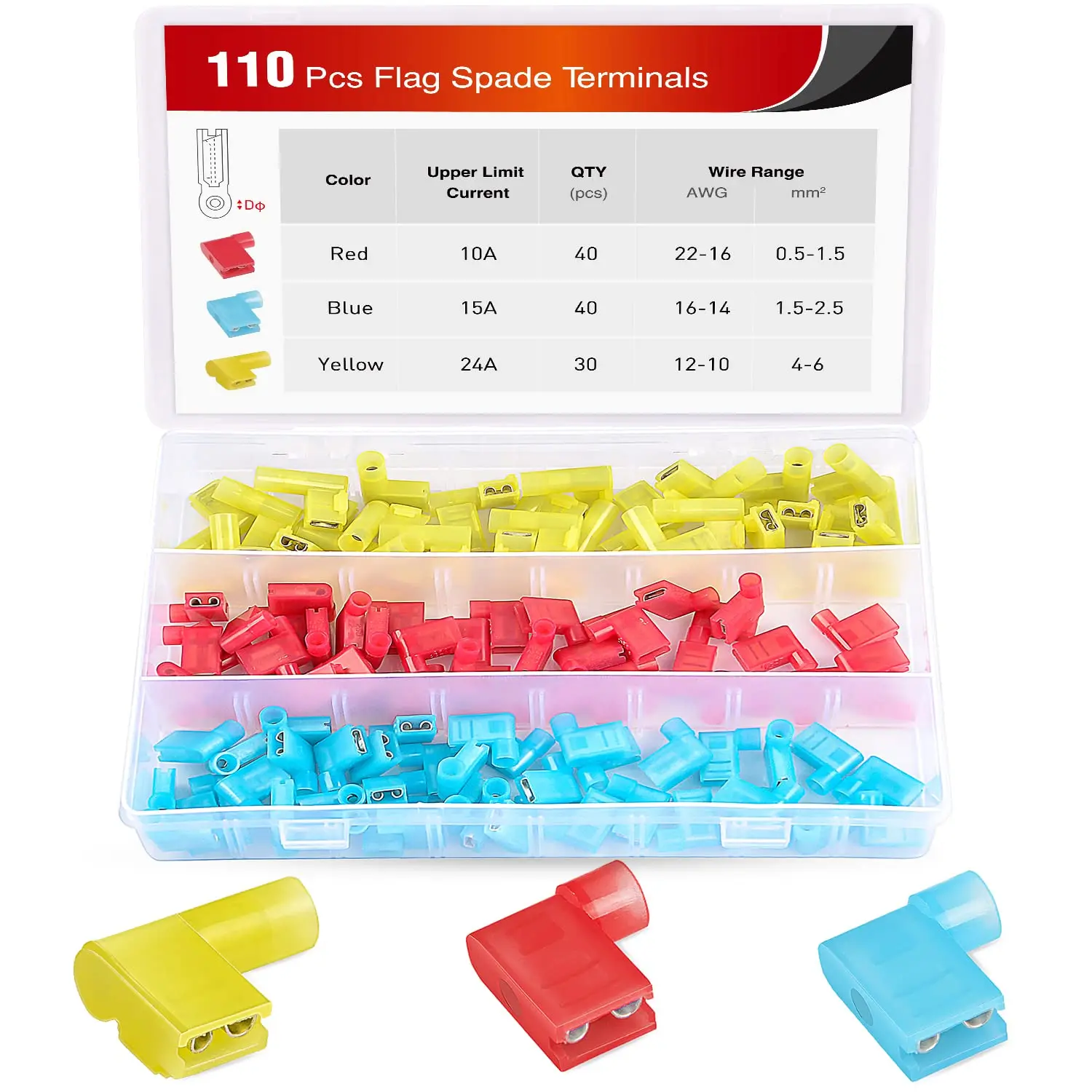 Nilight 110pcs Nylon Flag Spade Female Insulated Quick Disconnects 22-18 16-14 12-10 Gauge Electrical Crimp Terminals Connector Assortment Set