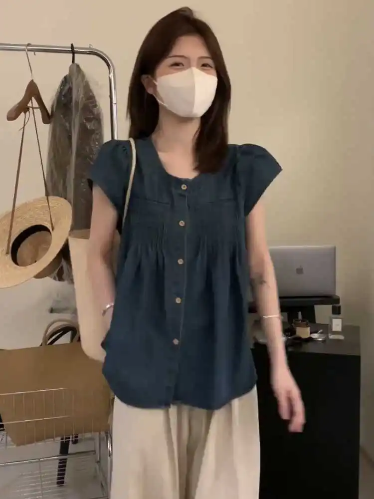 Lässiges, sommerliches, dünnes, lockeres Damen-Denim-Irt-Round-Ne-Plissee-Swe-Top, faionable, vielseitig einsetzbar, Fly Sve, atmungsaktiv