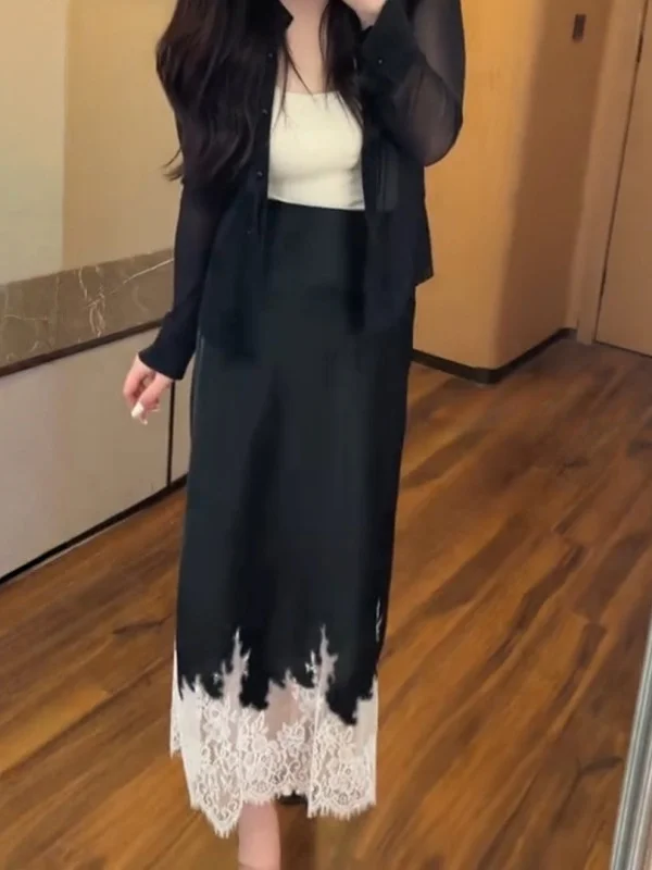 

plus Size Slimming Design Lace Trimmed Patchwork Satin Side Cut ter Ne Dr Ele Wrap around Long Skirt