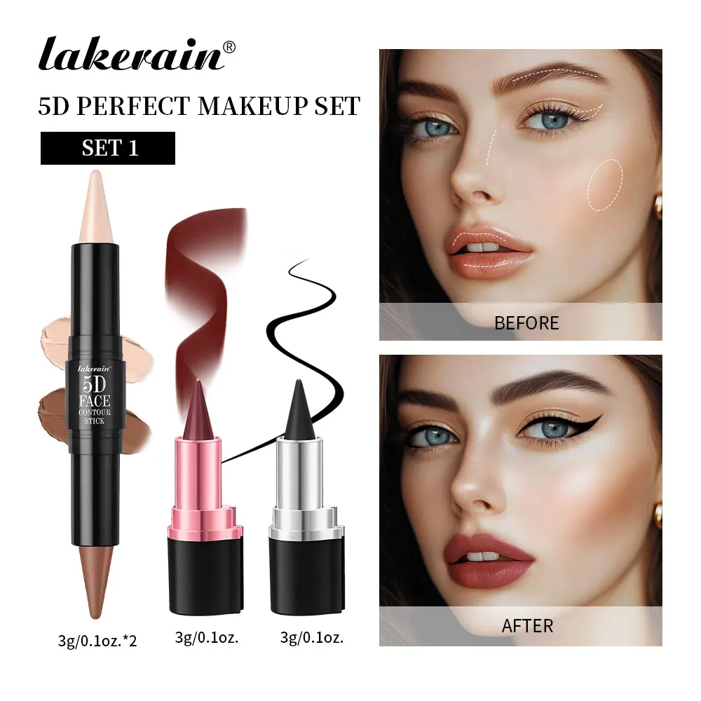 Zestaw do makijażu 5D Perfect z konturowaniem, eyelinerem w sztyfcie i szminką, łatwe koloryzowanie, odporny na pot, długotrwały zestaw do makijażu codziennego.