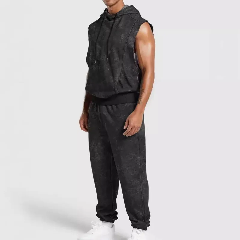 2025 Men's Vintage Floral Streetwear Sleeveless Hooded Jumpsuit Recreational Sports Summer Outfit Set