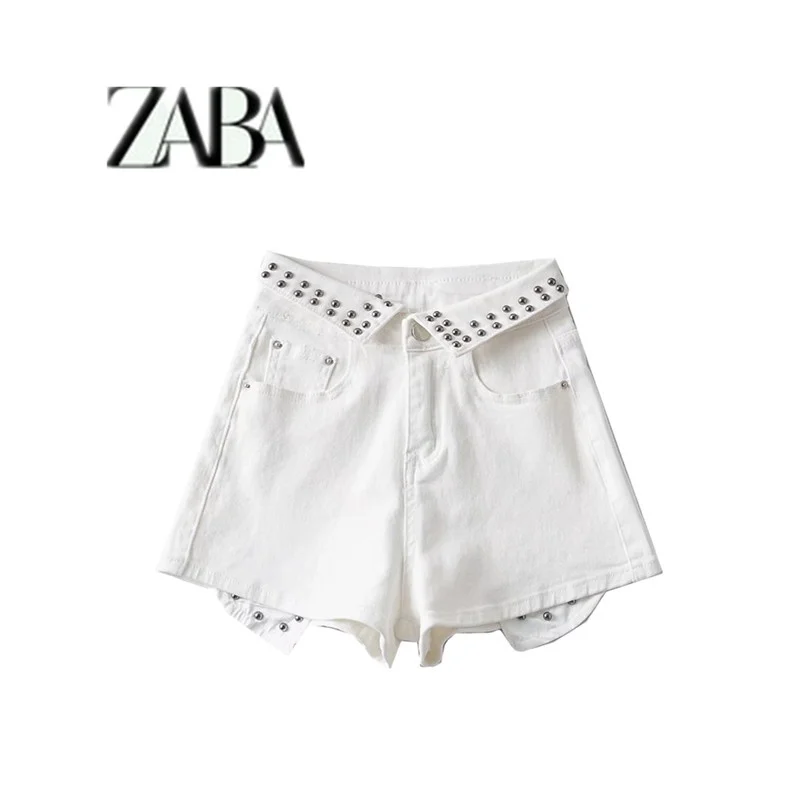 

Spring High Waist Cuffed Rivet Elastic Denim orts Women's Faion Waed Jeans orts Tee Colors Straight Leg Fit