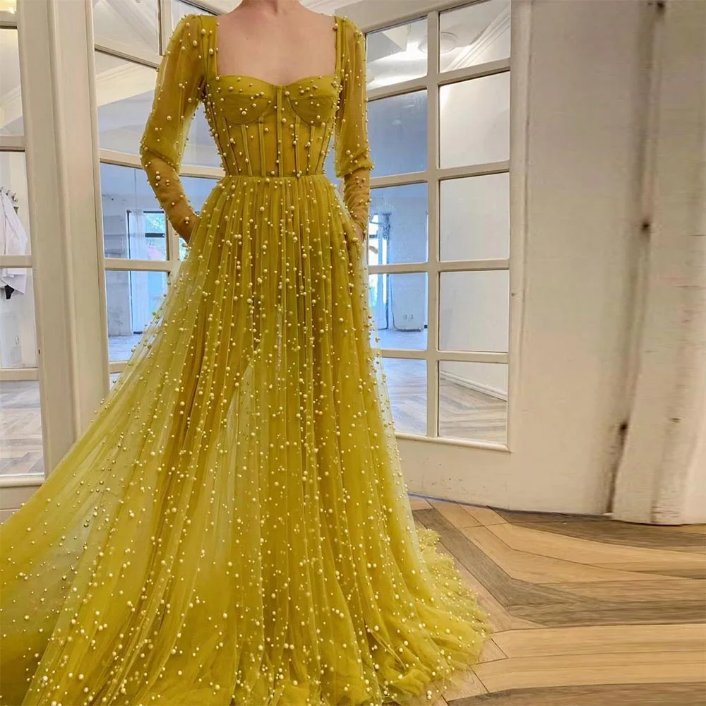 Sevintage Gaun Prom Mutiara Manik-manik Kuning Gaun Malam A-Line Sweetheart Lengan Panjang Gaun Pesta Formal dengan Saku 2022