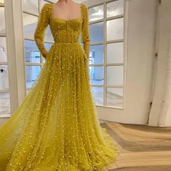 Sevintage Yellow Beaded Pearls Prom Dresses Long Sleeves Sweetheart A-Line Evening Gowns Formal Party Dress with Pockets 2022