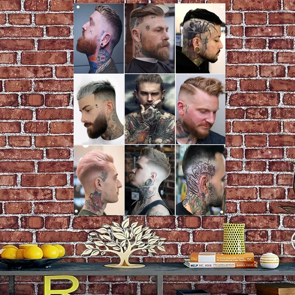 Classic Men's Tattoo Short Haircut with Beard Poster Banner Flag Haircut & Shave Wall Painting Vintage Barber Shop Wall Decor