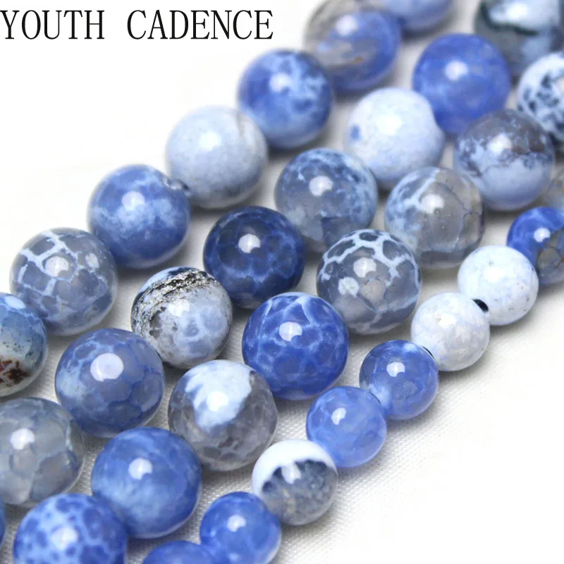 Natural Fire Blue Agat Stone Chalcedony Smooth Round Loose Beads  For Jewelry DIY Bracelet Necklace 6 8 10 MM Pick size