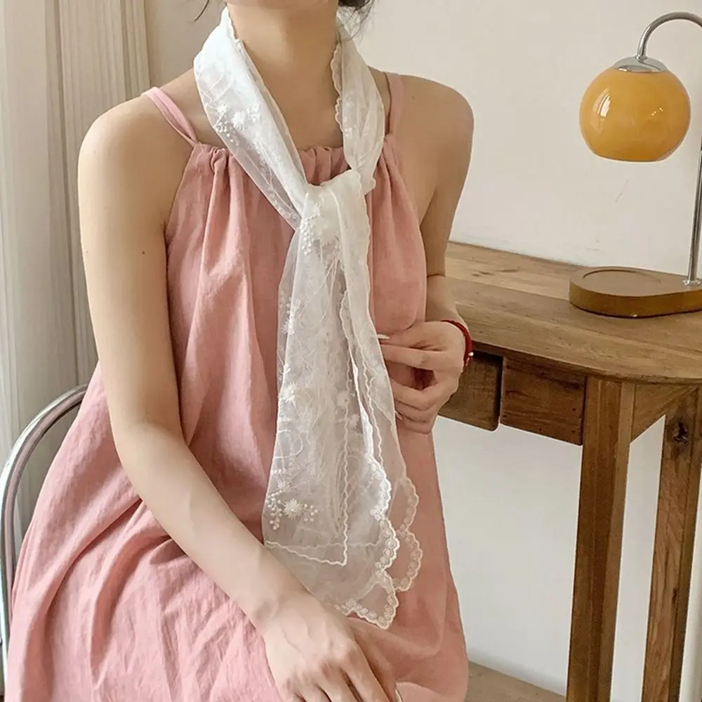 

Sweet Ribbon Lace Embroidery Scarf Retro Printed Long Scarves Hair Accessories Dressing Decoration Flower Scarf Beach