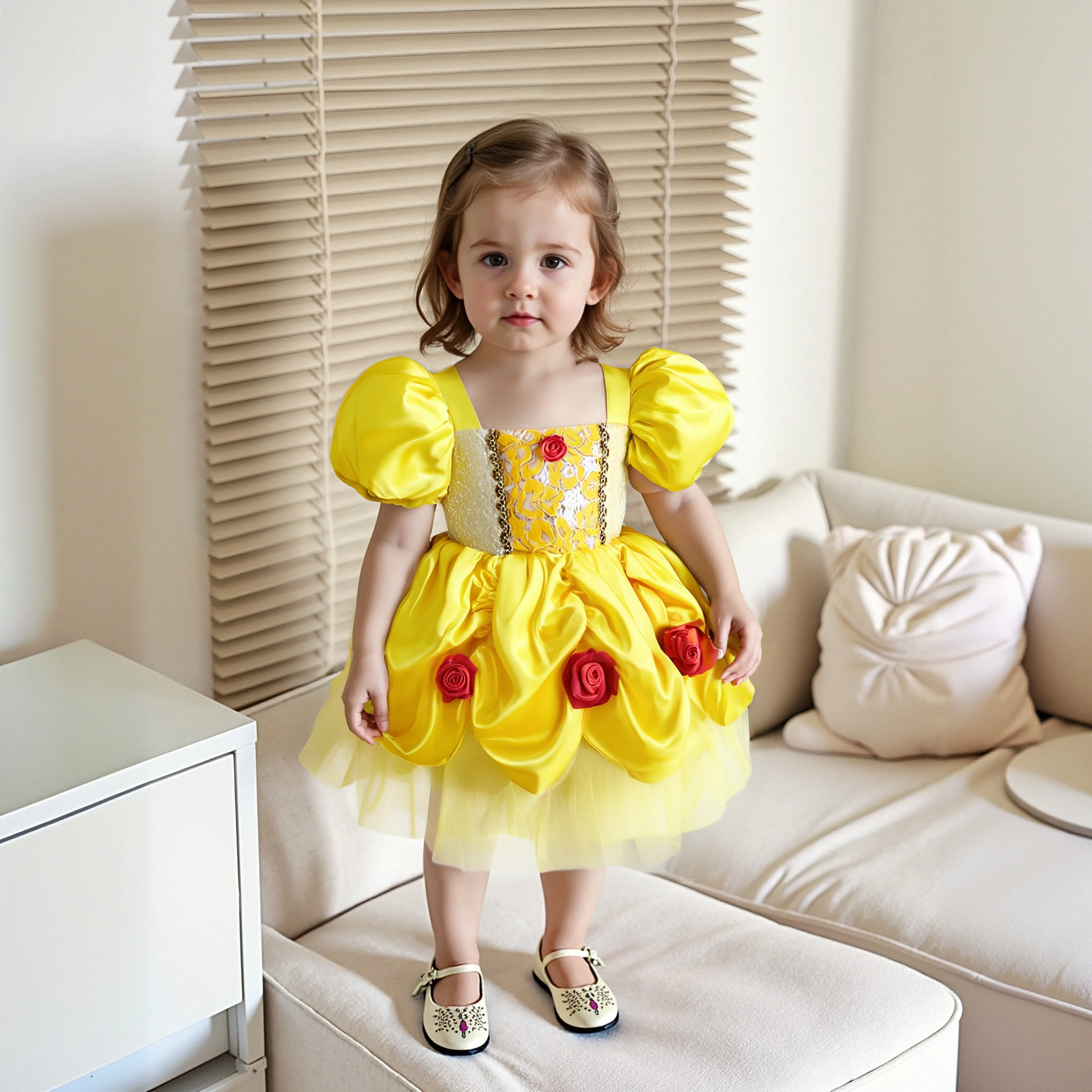 

Baby girl yellow rose skirt princess costume birthday jumpsuit pants canopy skirt headband Halloween Christmas party fancy set