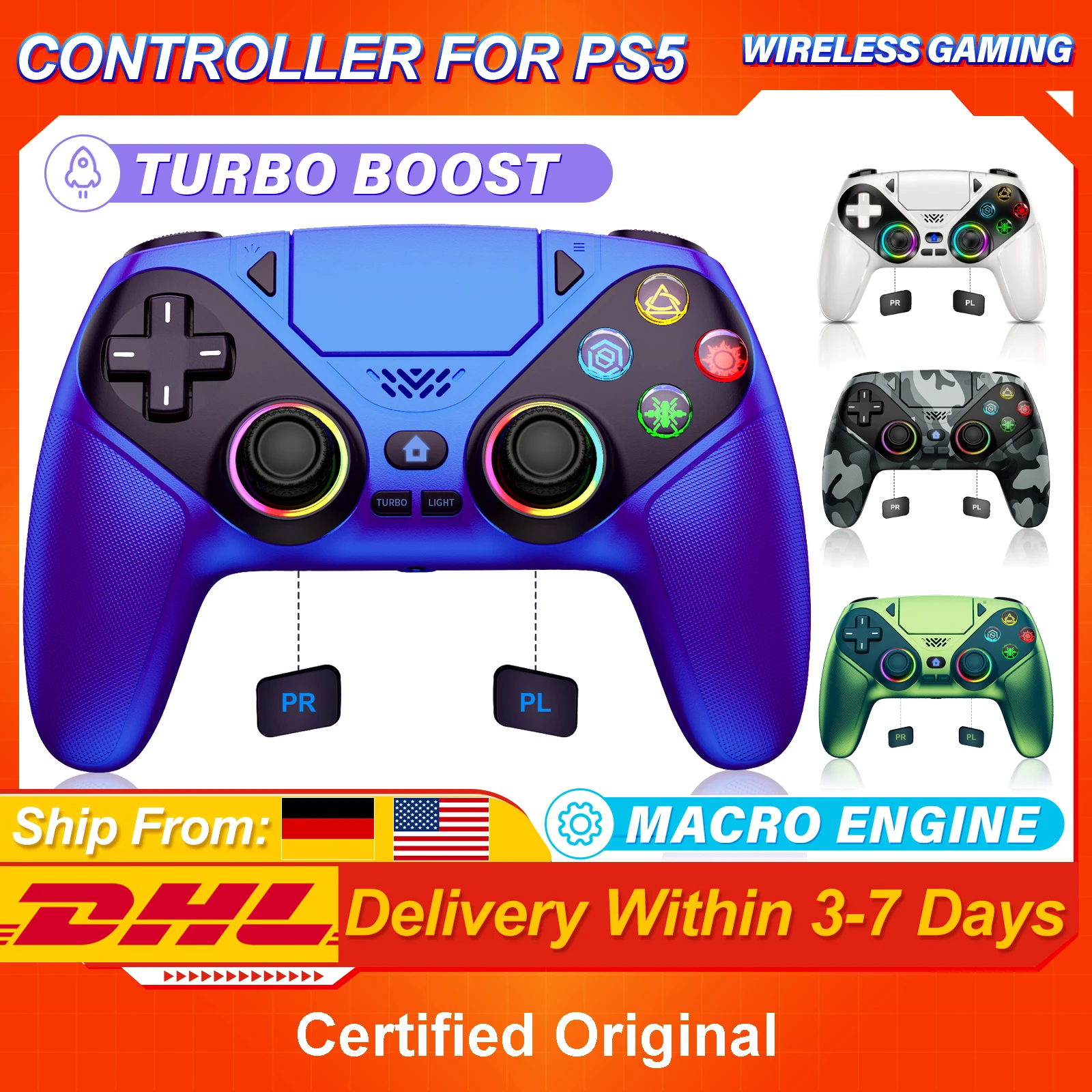 Controller für Playstation 5 PS5/PS5 Pro/Slim/PC, RGB Wireless Gamepads 6-Achsen-Gyroskop Programmierbarer Turbo-Makro-Joypad Spiel-Joystick