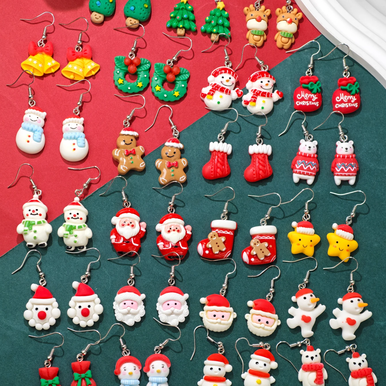 46pcs Cute Creative Christmas Series Resin Earring Set Gingerbread Man Christmas Tree Reindeer Pendant Accessories Gift