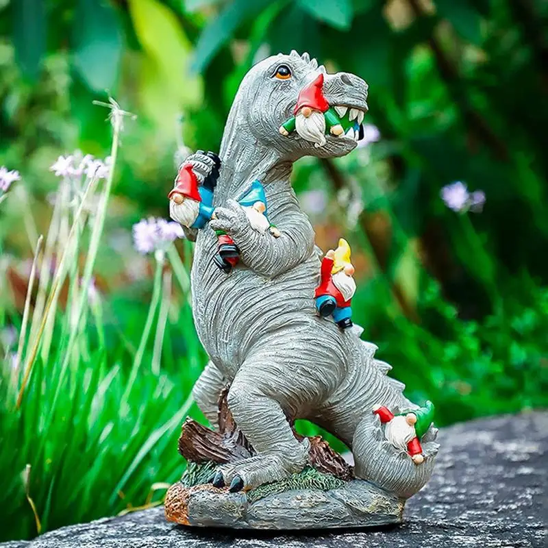 Anti Fade Dinosaur Garden Statues Universal Dinosaurs Eat Dwarfs Resin Ornament Outdoor Dragon Sculpture Lawn Decoration Statues