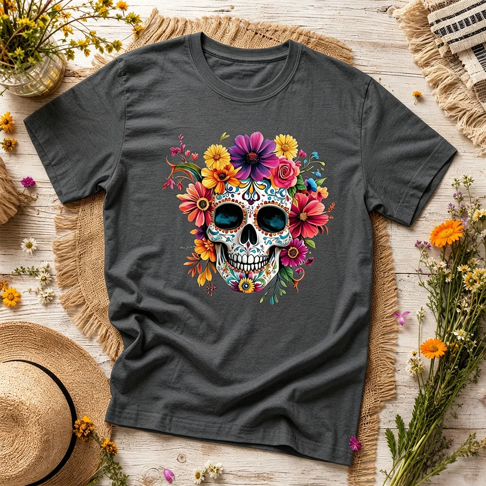 Unisex Floral Sugar Skull Short Sleeve Tee Breathable Parent-Child Mexican Day of the Dead Fiesta Celebration Casual Summer Top