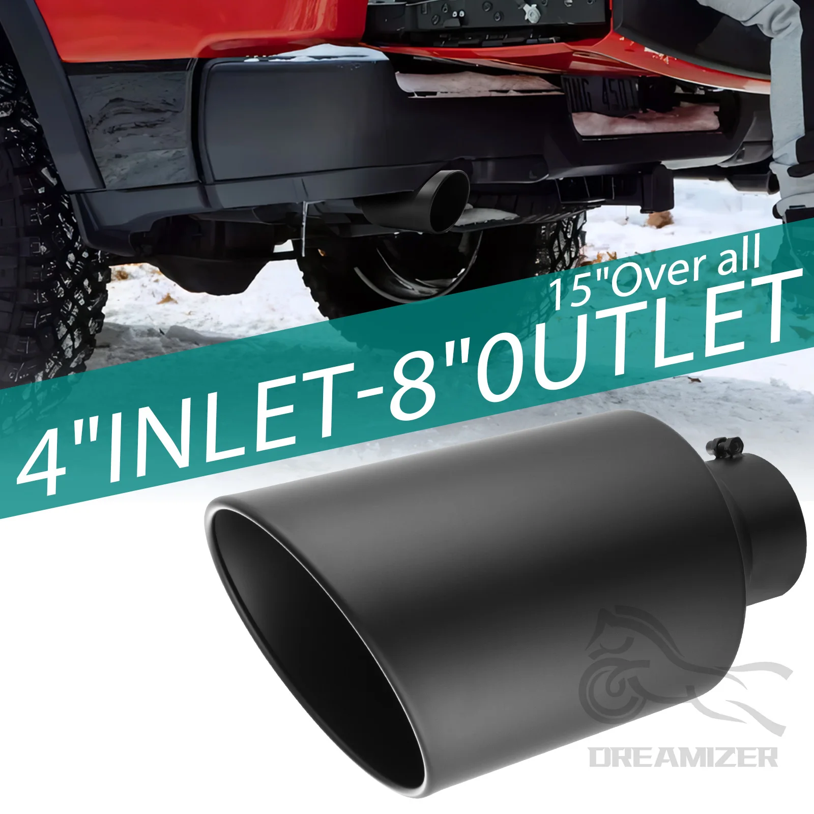 

Diesel Exhaust Tip 4" Inlet 8" Outlet 15" Length Truck Tailtip Bolt-On Rolled End Angle Cut Tailpipe, Black Powder Coated