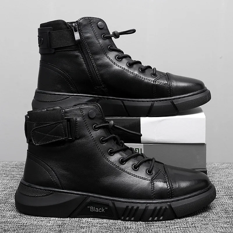 Ankle Boots for Men Black PU Leather Casual Shoes Winter Comfortable Platform Boot High-top 2023 Winter Plush Warm Booties Man