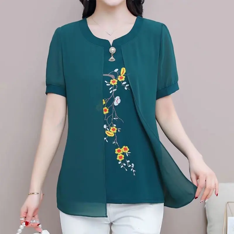 Female Clothing Floral Printed Blouse Fake Two Pieces Patchwork Summer Casual Three-dimensional Decoration Commute O-Neck Shirt