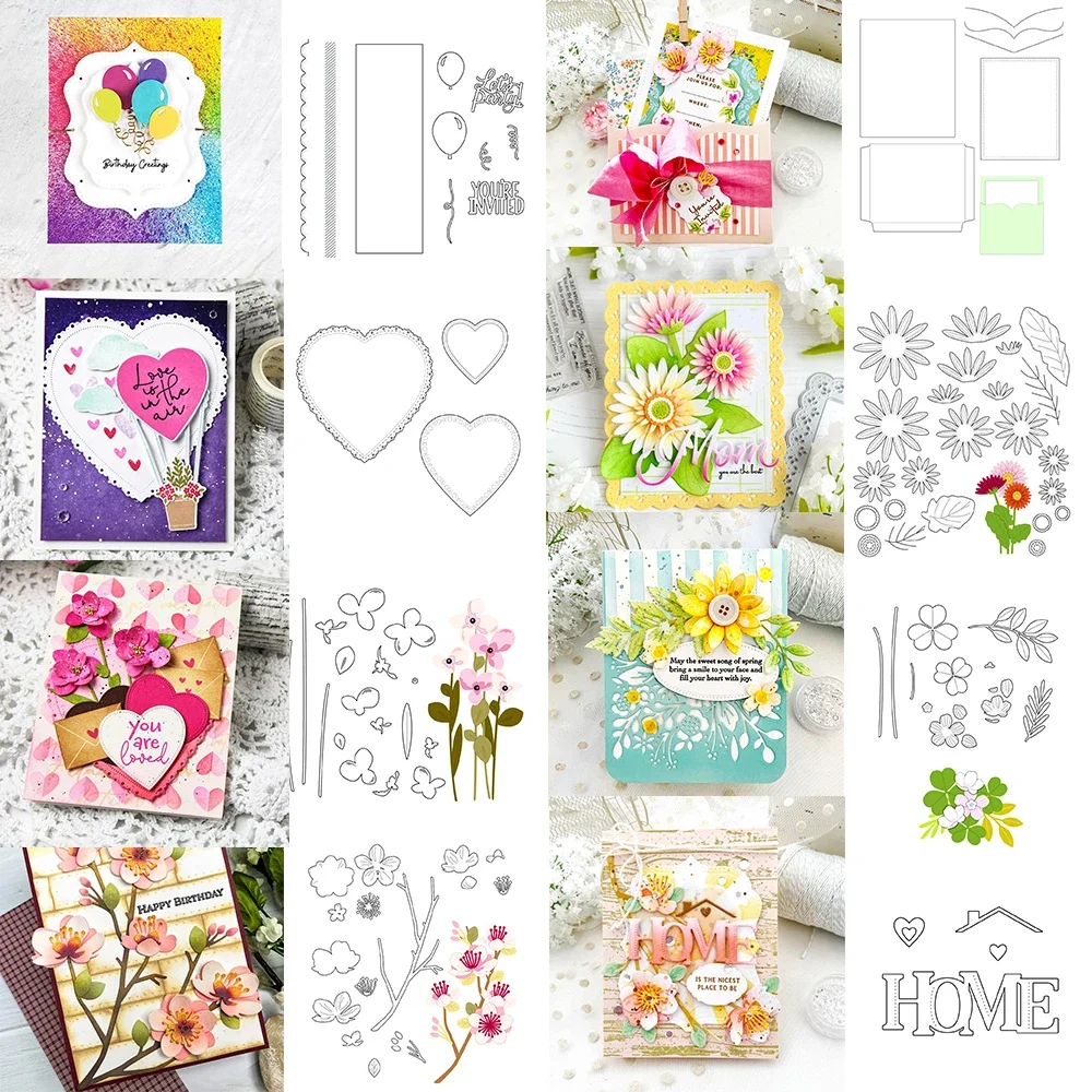 Liebe und Farbe Ballon Kirschblüten Blumen Metall-Stanzformen Taschenformat HOME Wörter Stanzformen für DIY Scrapbooking Karten Basteln