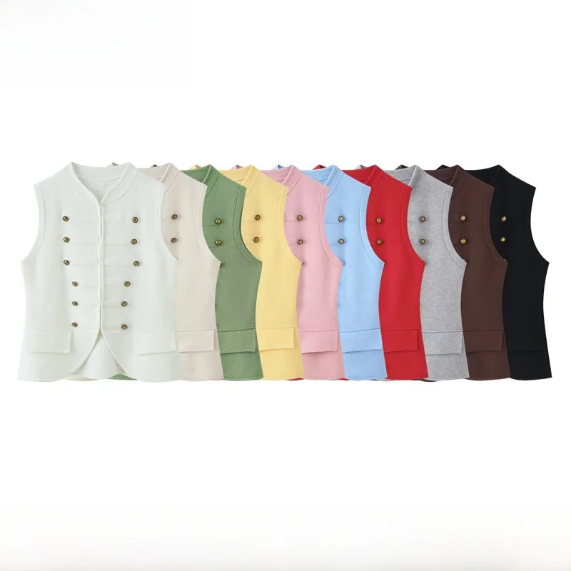 

Spring Summer New Arrival Women's Fashion Slim Fit Knitted Sleeveless round Neck Vest H-Shape Short Length Double Button Closure