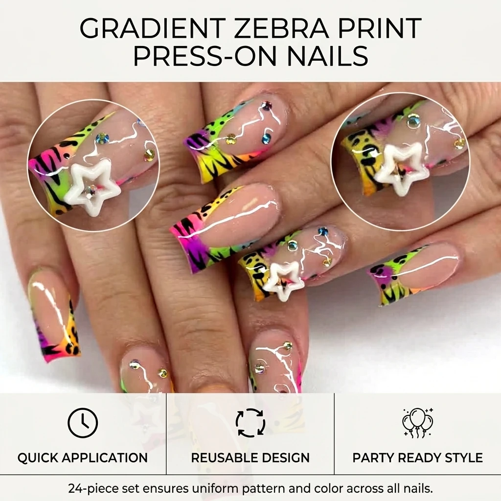 24 Stück Y2k Weiße Sterne Aufklebenägel Bunter Farbverlauf Französischer Stil Zebra-Bedruckte Künstliche Nägel Süße Coole Würzige Mädchen Fake Nails – Detail 4