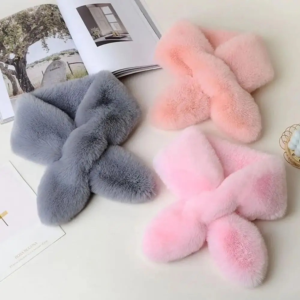 Bonito falso pele de coelho cruz cachecol pescoço mais quente feminino cor sólida pelúcia engrossado inverno gola de pele acessórios versáteis