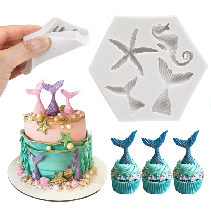 1pcs Silicone Mold Mermaid Tail Seahorse Starfish Chocolate Fondant Cake Molds Marine Theme Birthday Party Cupcake Decor Tools