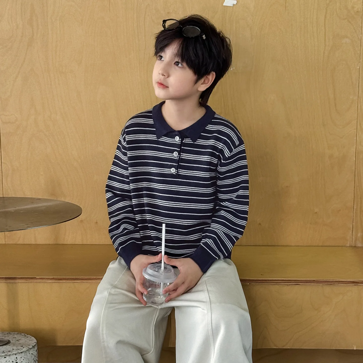 Boys Sweater  Autumn and Winter New Children's Clothing Korean Style Boys and Girls Fashion Lapel Striped Knit Shirt