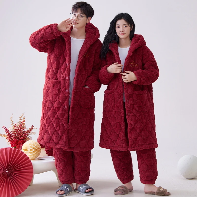 Newest Couple Red Robe+Pant Winter 3 Layer Clip Cotton Bathrobe Home Clothing Thick Warm Pijamas Hooded Hombre Robes 3XL