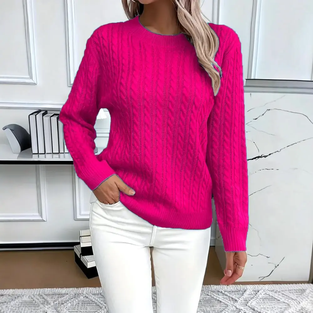 Fashion Women Cable Pattern Sweater Crew Neck Long Sleeve Soft Knitted Pullover Casual Elegant Slim Fit Top
