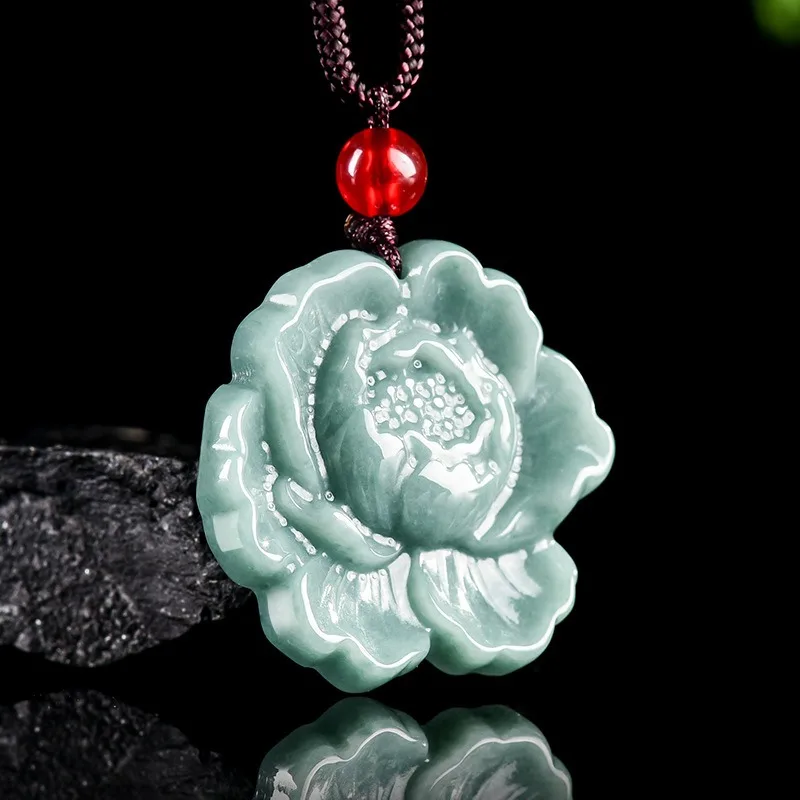 

TIMESWIND Blue Natural A-type Jade Peony Flower Three-d Pendant Women Necklace with Certificate