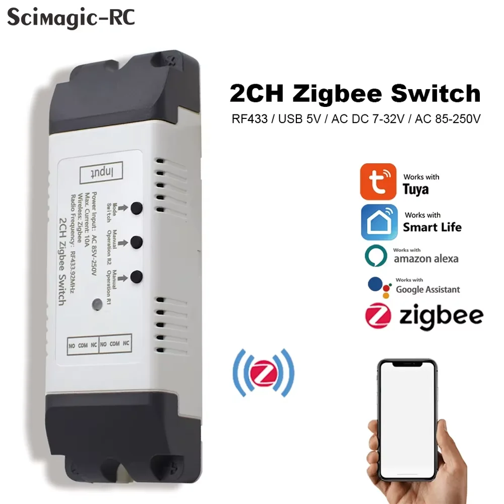 2CH Tuya Zigbee 12V 24V 220V 230V Dry Contact Relay Module for Light Motor Garage Alexa Smart Switch Controller