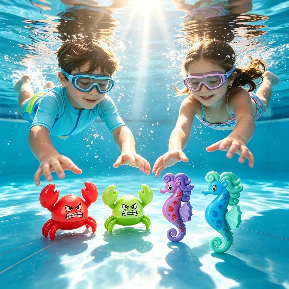 4pcs Sinking Pool Dive Toys Cute Cartoon Crab and Seahorse Swimming Water Toys for Kids Underwater Diving Retrieval Game