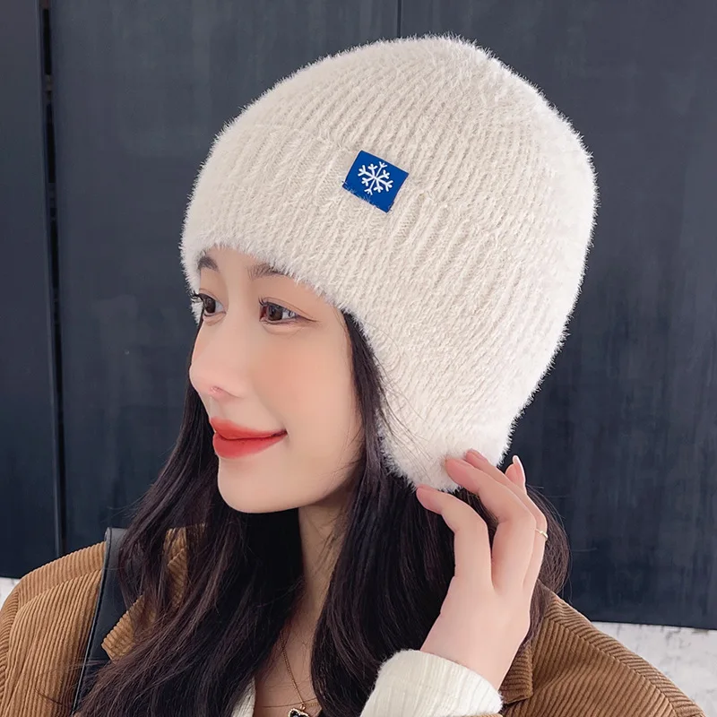 New Women Candy Colors Earflap Winter Hat Fashion Faux Fur Knitted Hat Kpop Style Soft Beanie Hats Female Streetwear Cap