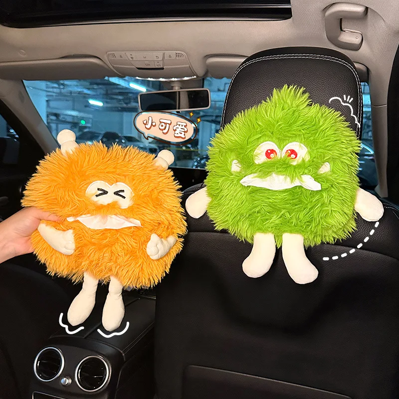 Car Cartoon Tissue Box Hanging Seat Back Car Armrest Box Paper Drawer Plush Monster Cute Car Interior Decoration Napkin Box New