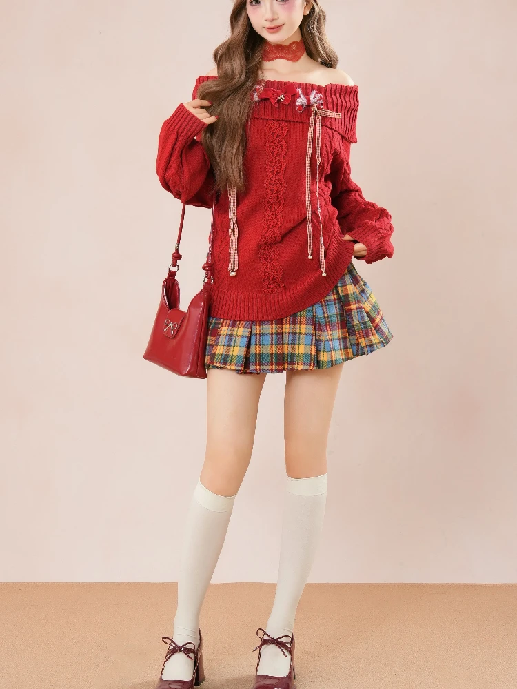 Mode Weihnachten Rot Off Schulter Bogen Stricken Pullover + Plaid Falten Rock Zwei Stück Set Frauen Winter Süße Adrette Outfit