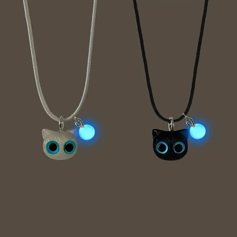 Cute Cartoon Black White Cat Necklace Bracelet For Women Men Glow In The Dark Couple Jewelry Gifts