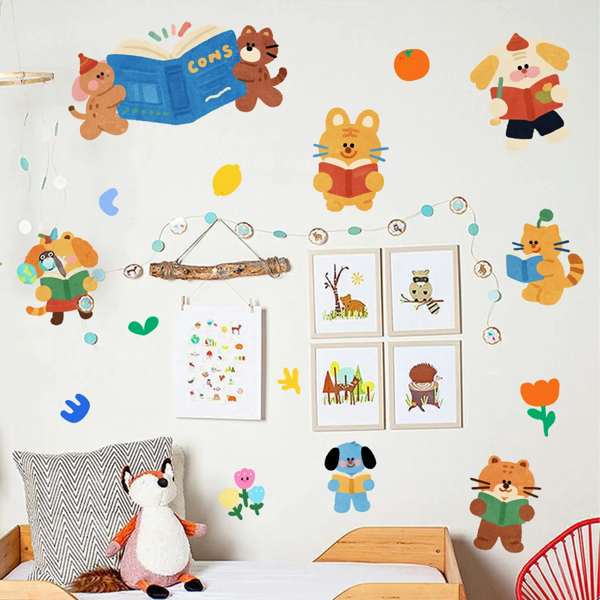 

Cartoon Animal Wall Decals - Reading-Themed Kittens, Bears & Flowers for Kids' Room