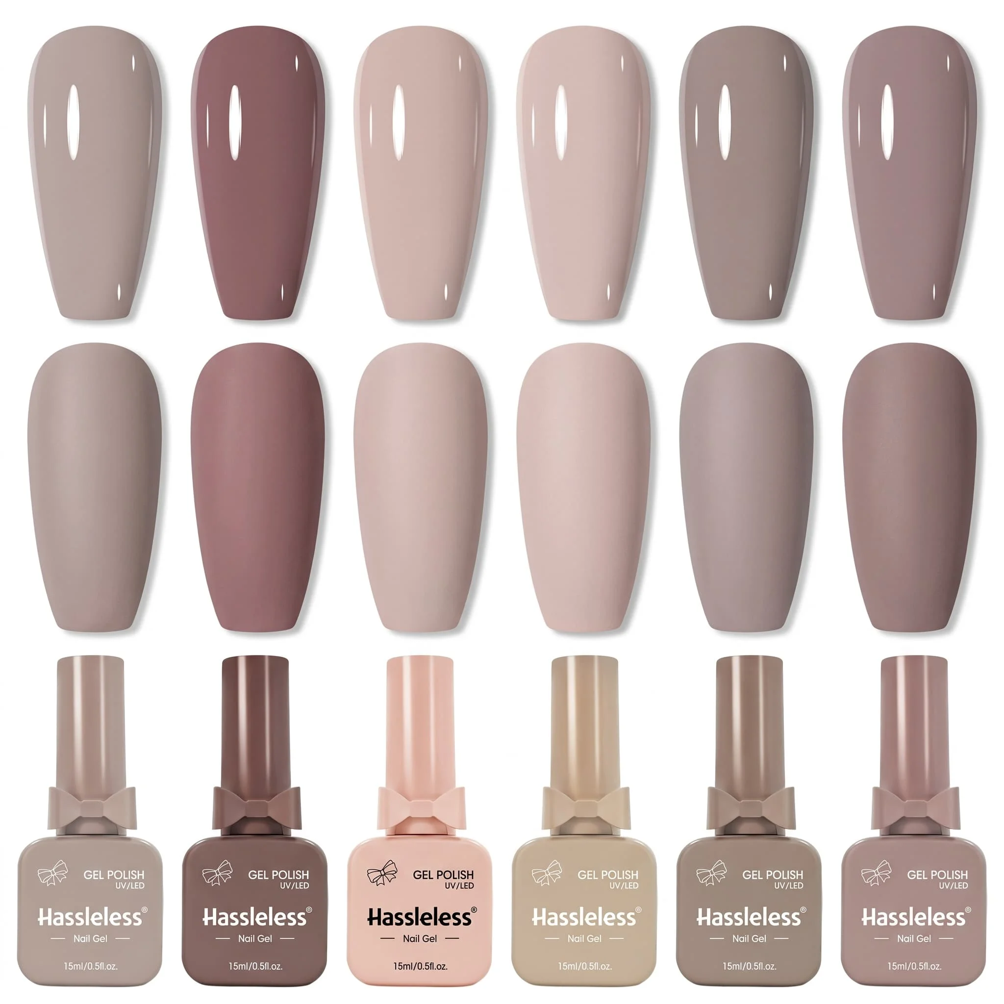 Hassleless 6-piece nude color nail gel set, 15ml large-capacity milk tea nude color nail gel, featuring gentle bean paste, gray-toned nude skin, light milk coffee, and lotus root pink nude low-saturation premium colors