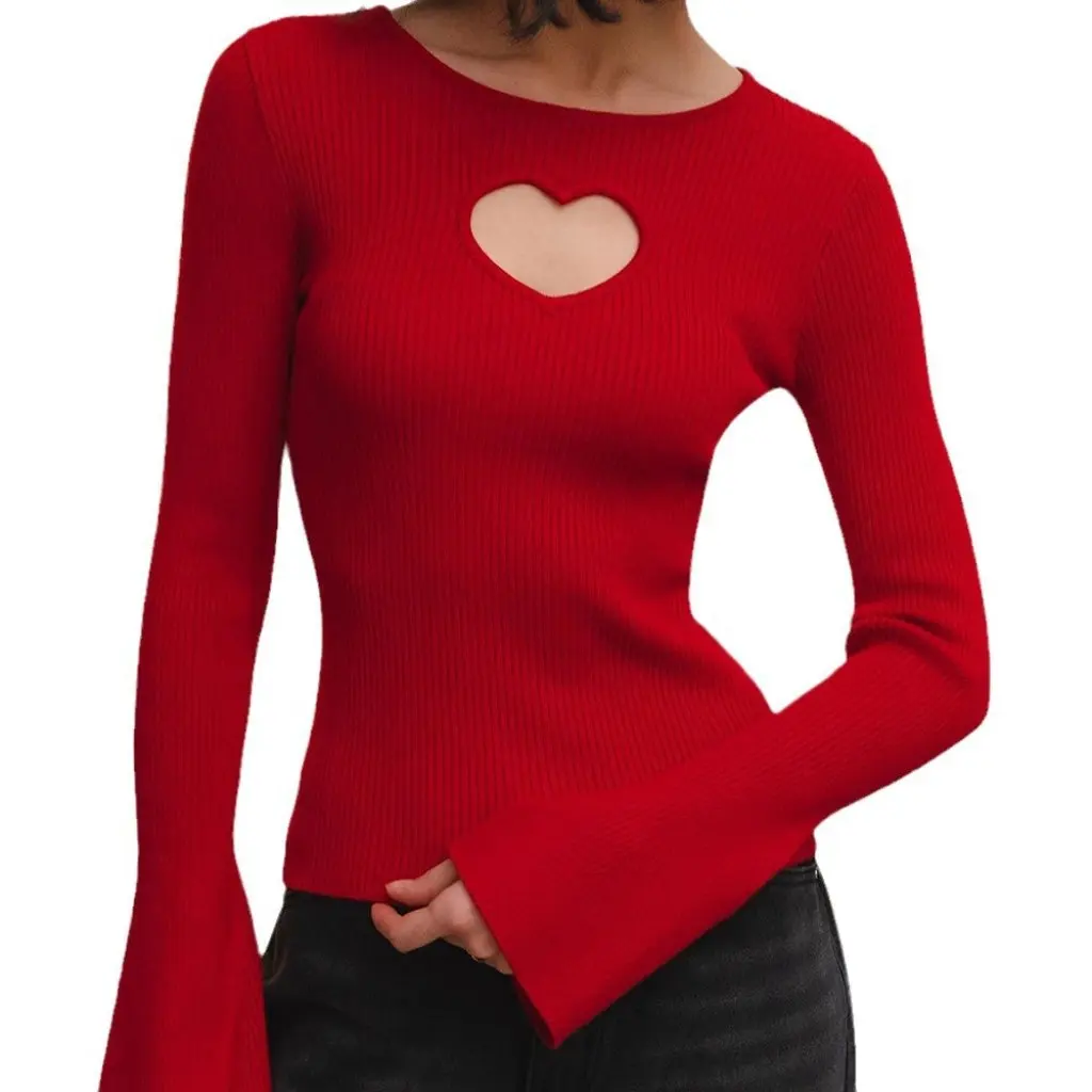 

Women's Long-Sleeved Heart Hollowed-Out Knitted Sweater Tight-Fitting Solid Color Top for Autumn Winter European American Style