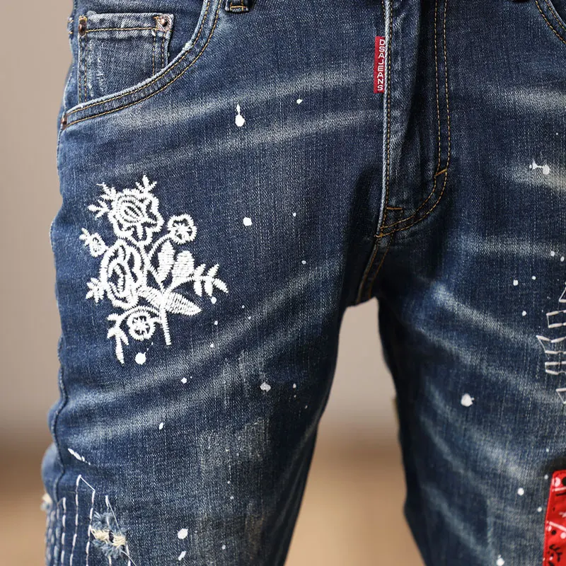 Streetwear Fashion Men Jeans Retro Blue Stretch Skinny Fit Ripped Jeans Men Patched Designer Hip Hop Denim Pencil Pants Hombre