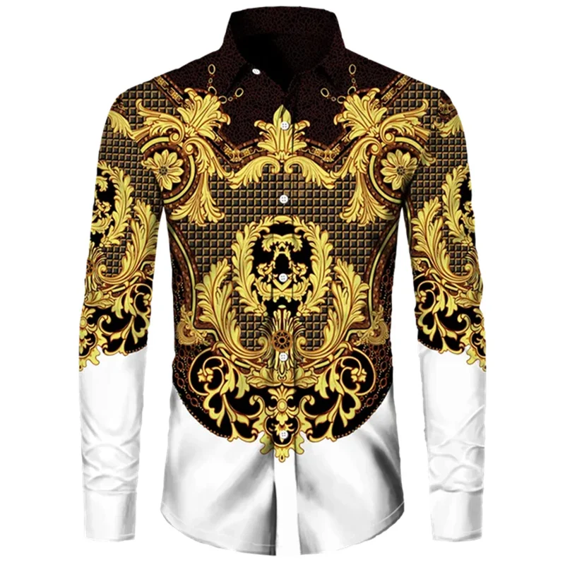 2025 Men's Gold Flower Long Sleeve Shirt Polyester Fiber Comfortable Light Luxury Fashion Top