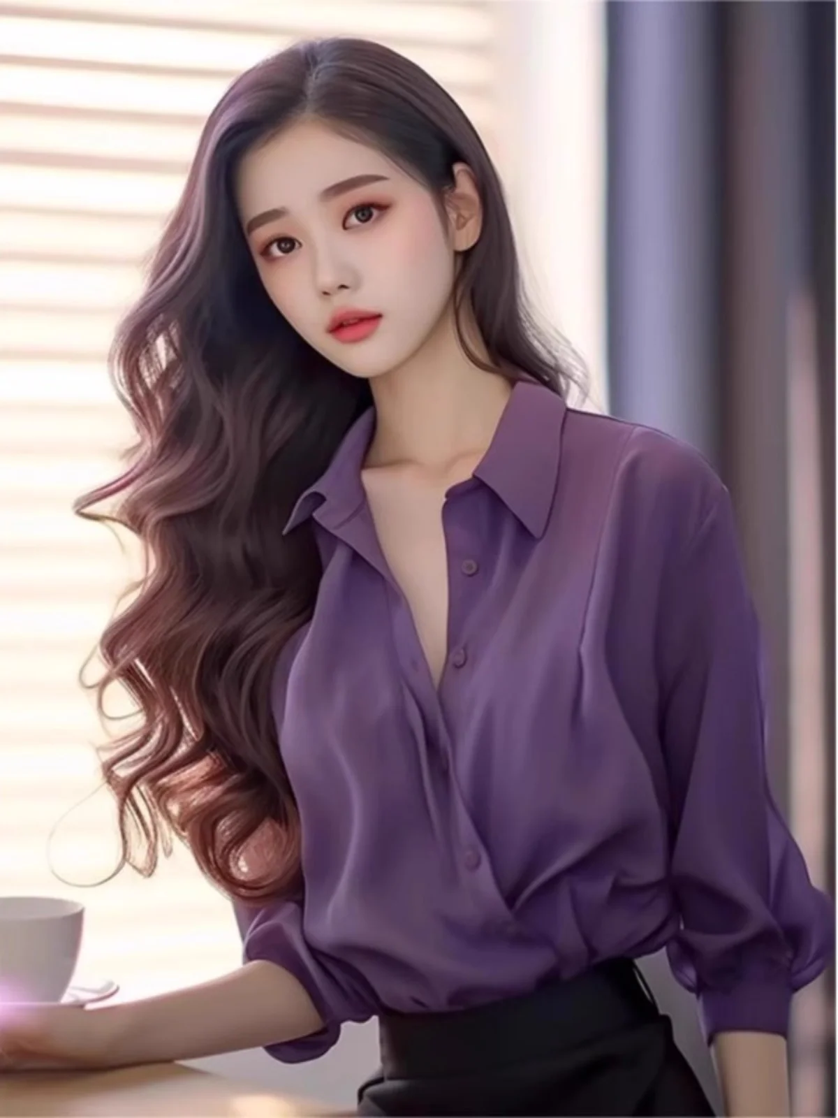 

Faionable Korean Sle Loose Women's Purple irt Summer Casual Vintage Outerwear Cardigan Top Ele Commute Wind