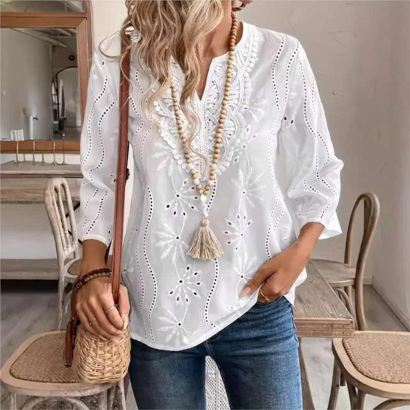 

White Lace Hollow Out Embroidery Women Shirts Elegant Lace Panel V Neck 3/4 Sleeve Autumn 2024 Loose Casual Solid Streetwear Top