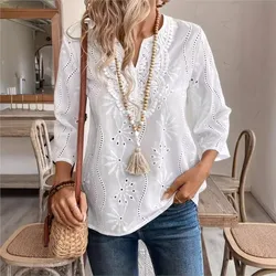 White Lace Hollow Out Embroidery Women Shirts Elegant Lace Panel V Neck 3/4 Sleeve Autumn 2024 Loose Casual Solid Streetwear Top