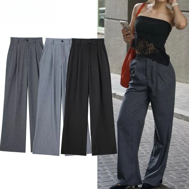 ASDS Women's Formal Pants Office Wear Women Striped Grey Black Pants Woman High Waist Baggy Suit Pants Casual Wide Leg Trousers