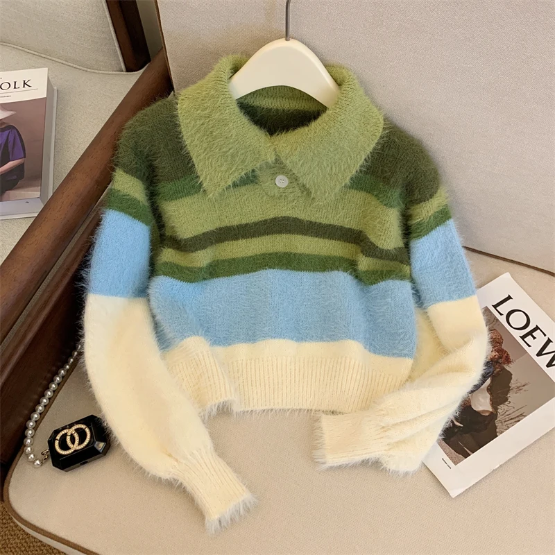 Women's Green Striped Pullover Mohair Sweater Harajuku Y2k Long Sleeves Polo-Neck Knitted Sweaters Jumper Vintage 2000s Clothes