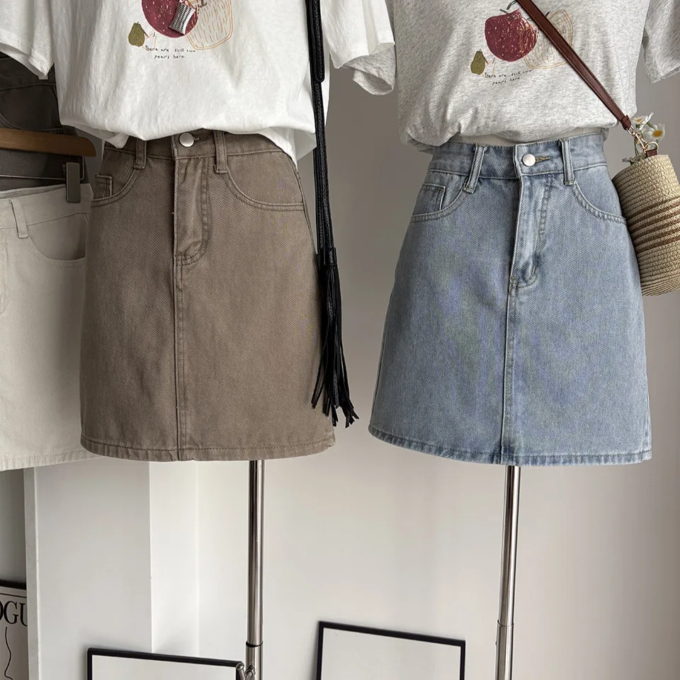 Khaki American Retro Washed Denim  Skirt Women's Spring Summer Chic Bodycon Short Skirts High Waist A-Line Half Body Skirts