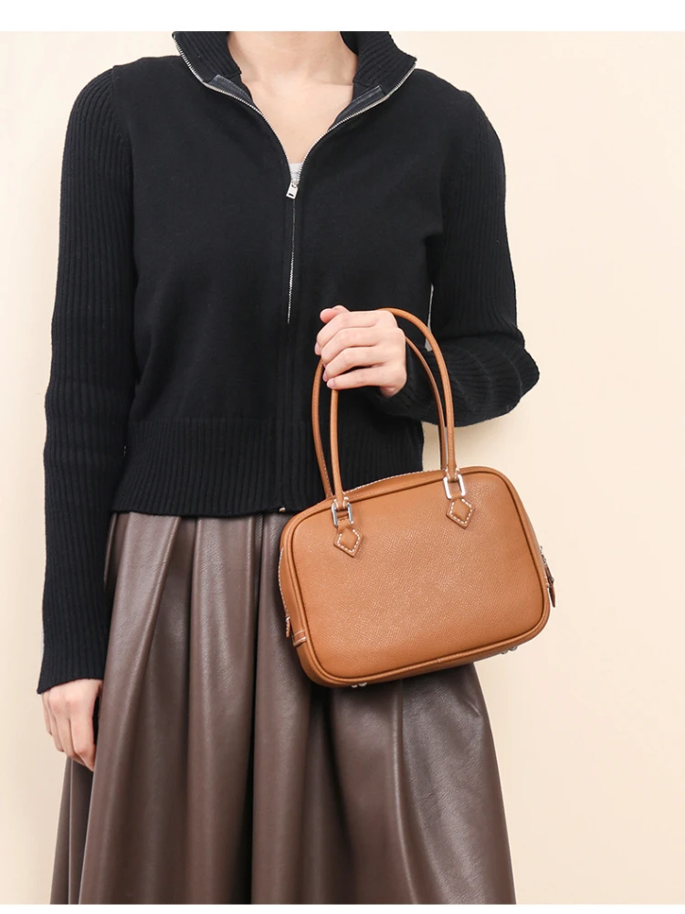 New Designer Simple Caramel Street Tote Epsom Cow Leather Women Handbag Long Handle Office Commuter Ladies Shoulder Bag